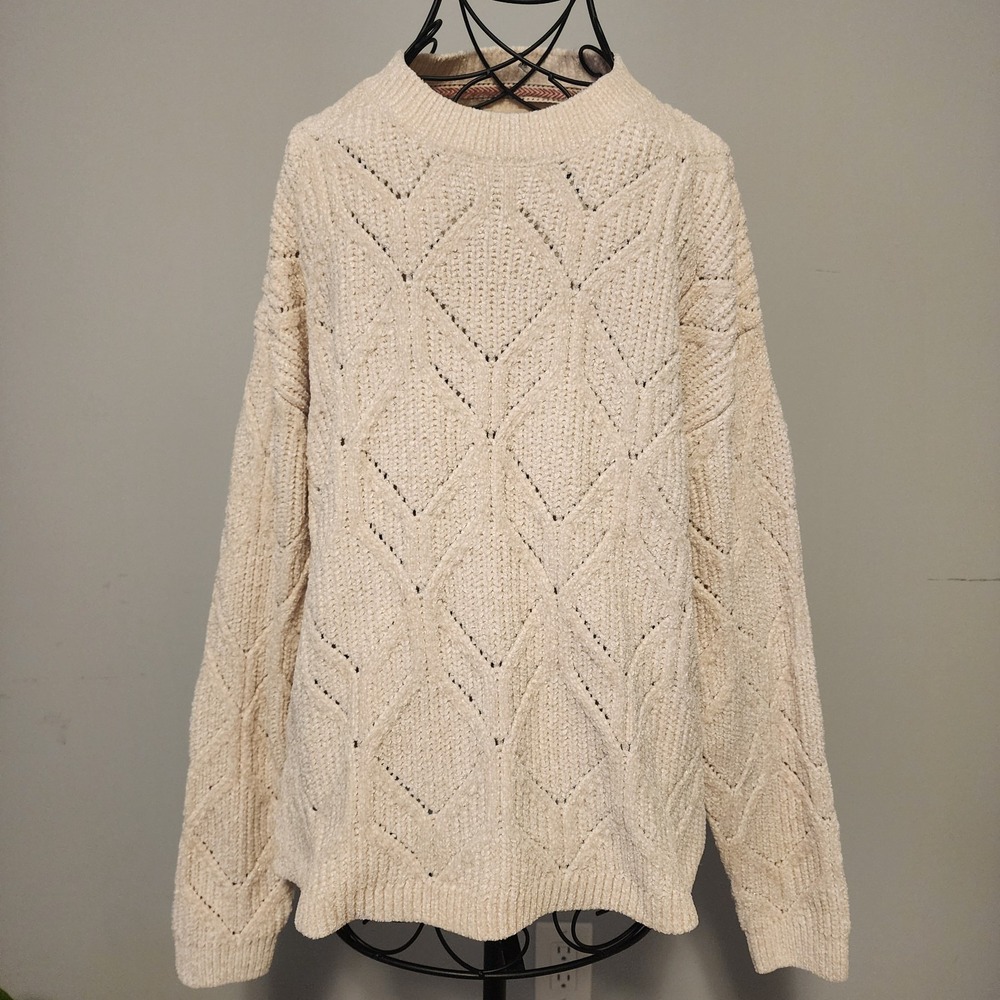 Weatherproof Vintage Diamond Chenille Knit Crewneck Sweater Beige Medium
